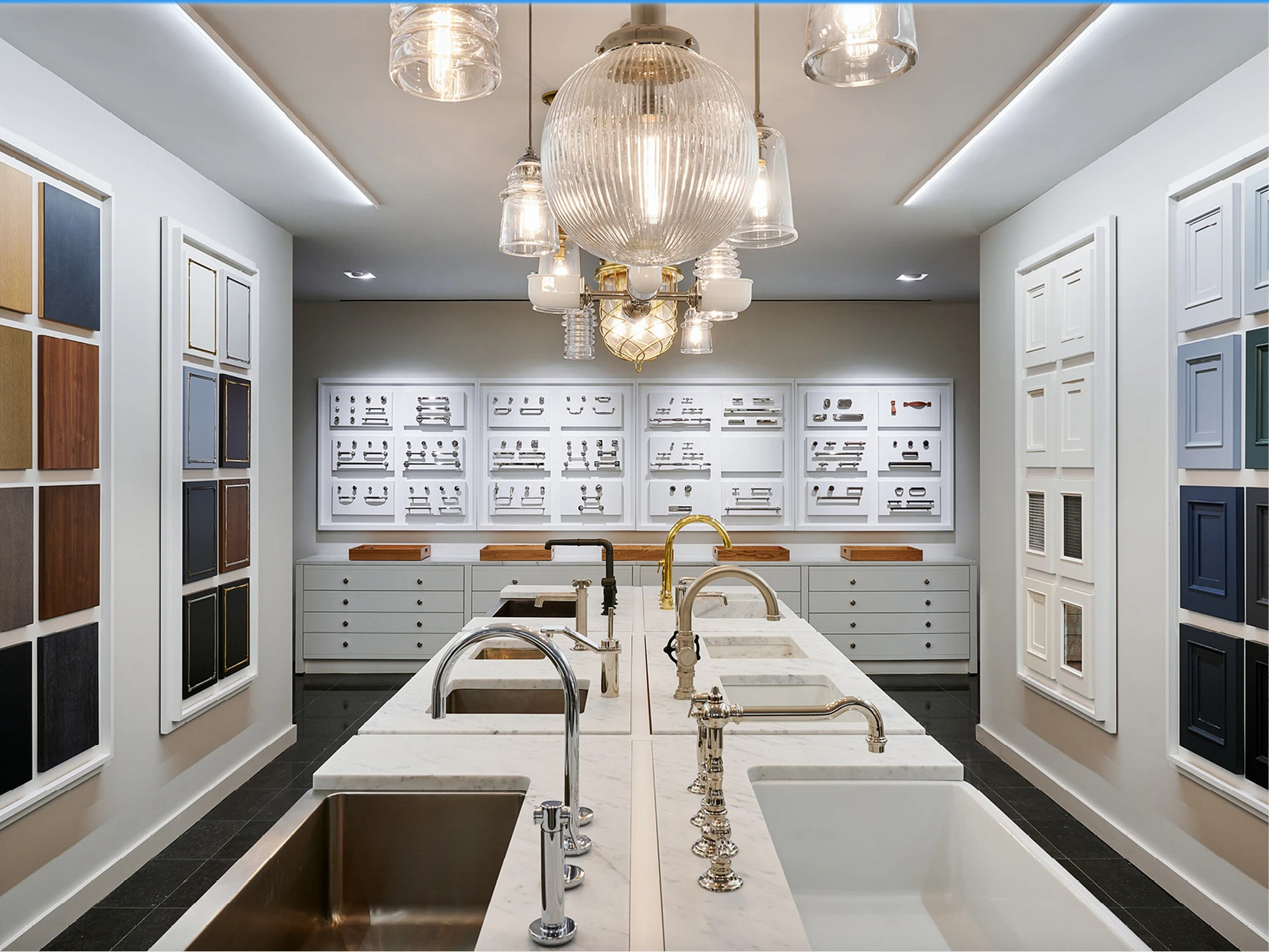 Waterworks showroom with sinks, faucets, cabinet door samples and hardware